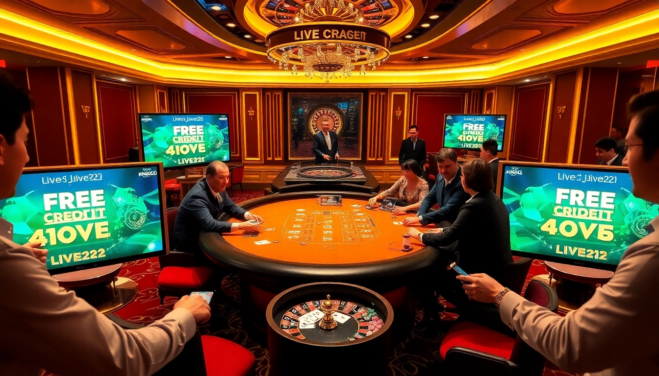 Players enjoying free credit live22 at an upscale casino table with vibrant lights and excitement.