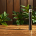 Buy dmt vape pen showcased elegantly on a natural wood background with greenery.