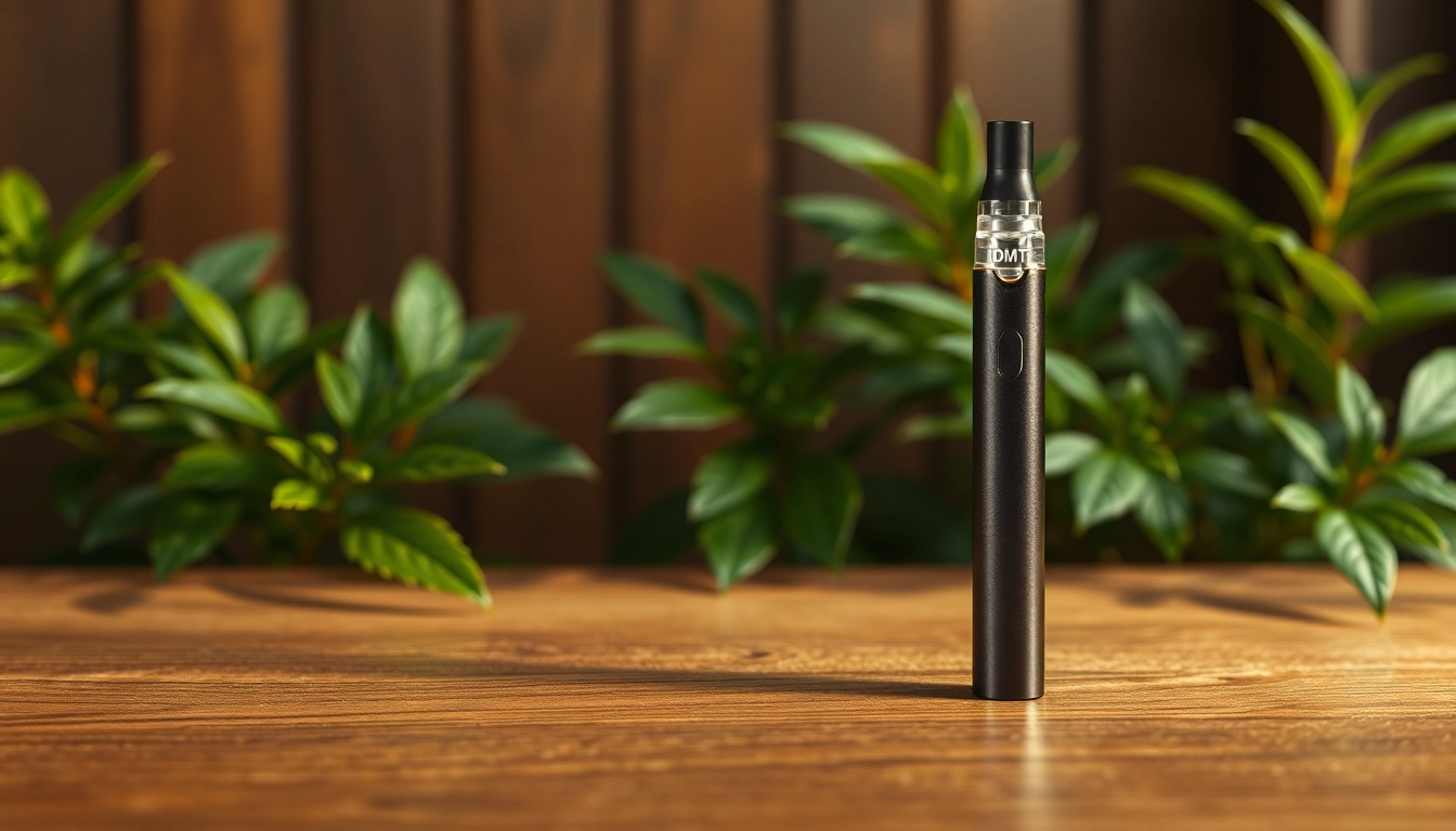 Buy dmt vape pen showcased elegantly on a natural wood background with greenery.