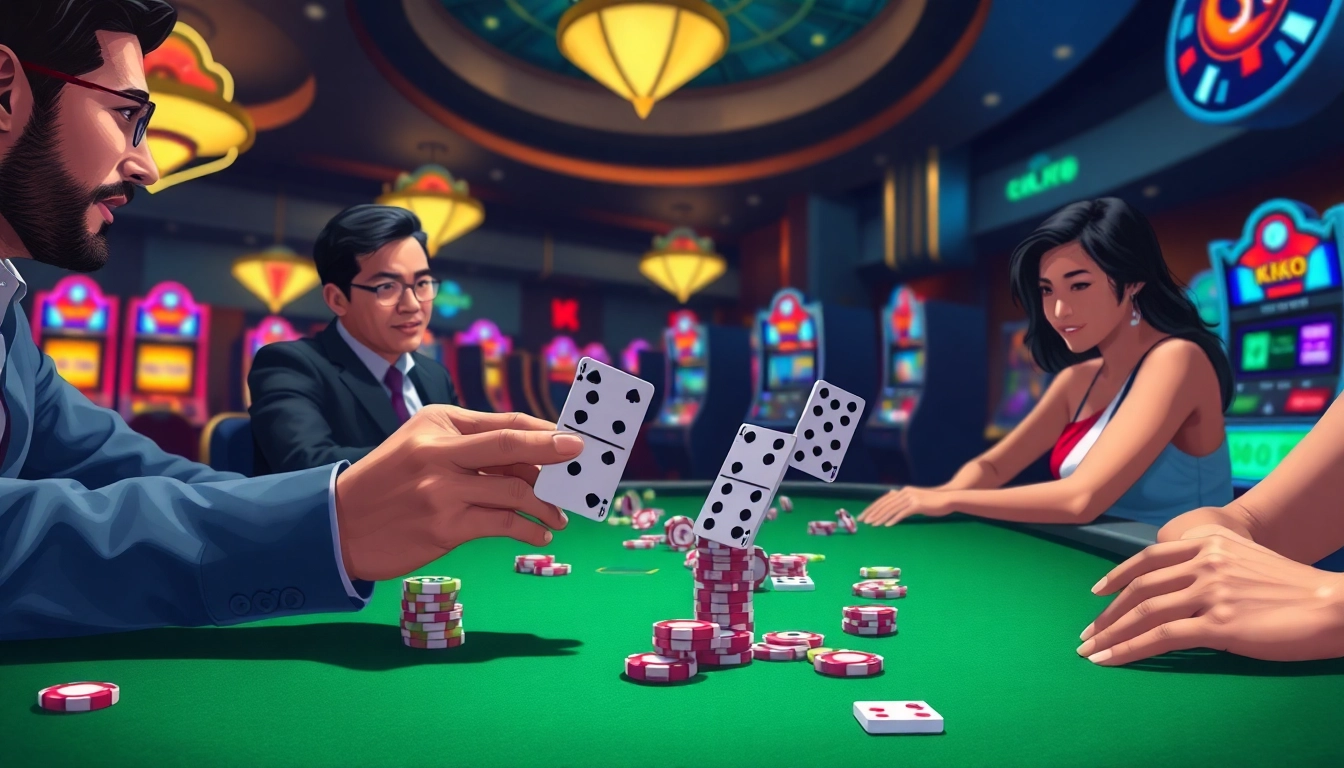 Players enjoying a thrilling game of Dominoqiu at a luxurious casino table with vibrant poker chips.