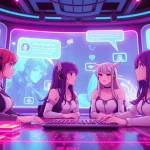 Engaging scene of hentai AI chat interaction with vibrant anime characters in a futuristic digital environment.