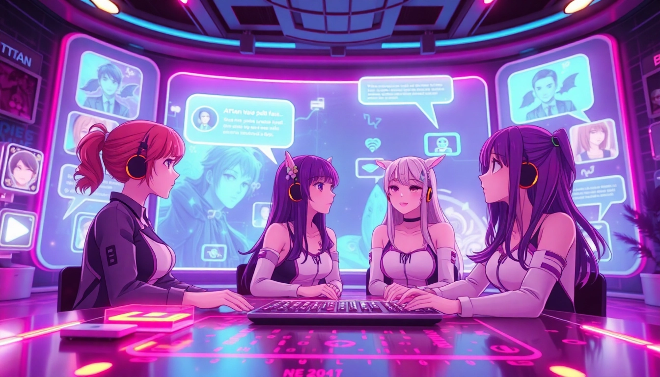 Engaging scene of hentai AI chat interaction with vibrant anime characters in a futuristic digital environment.
