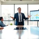 Marketing Consultant presenting strategies with digital analytics in a modern office setting.