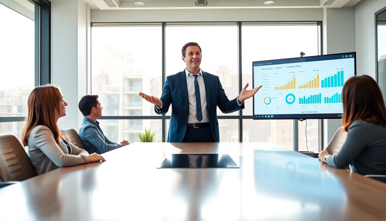 Marketing Consultant presenting strategies with digital analytics in a modern office setting.