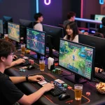 Engaged players enjoying online gaming experience at https://bomwin.jp.net/ with colorful screens and snacks.