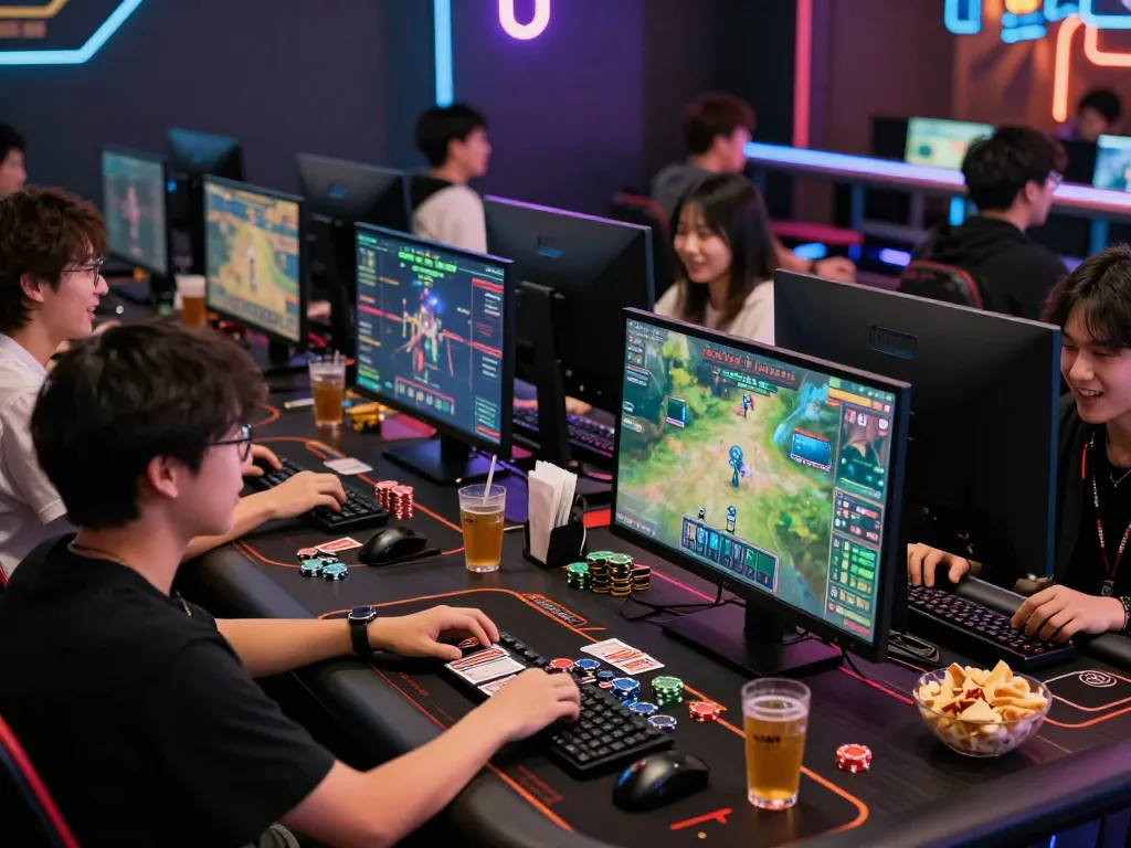 Engaged players enjoying online gaming experience at https://bomwin.jp.net/ with colorful screens and snacks.