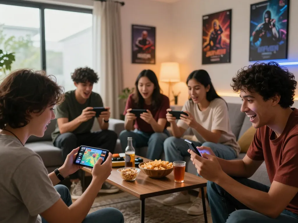 Excited gamers playing tải sun win on mobile devices during a lively gaming night.