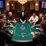 Players engaging in a thrilling DA88 poker game at an upscale casino table under warm lighting.