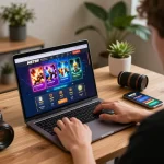 Player engaging with online casino at https://net88.wtf/ using laptop and smartphone in cozy atmosphere.