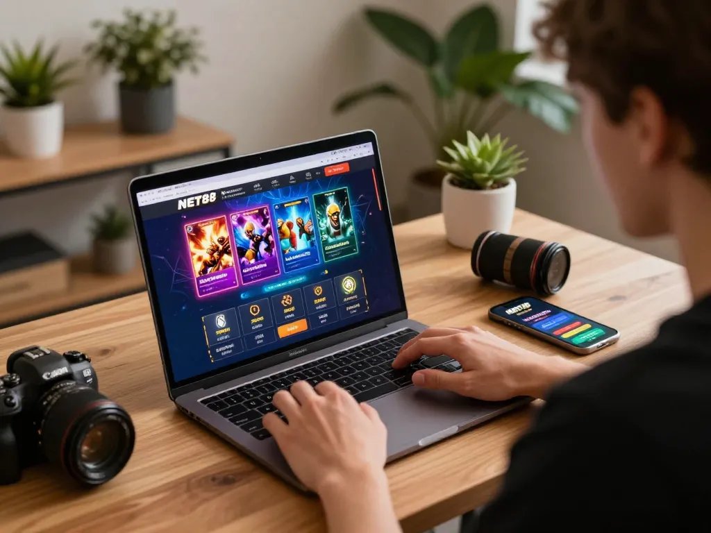 Player engaging with online casino at https://net88.wtf/ using laptop and smartphone in cozy atmosphere.