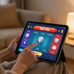 Engaging with the app tài xỉu online on a tablet in a cozy living room setting.
