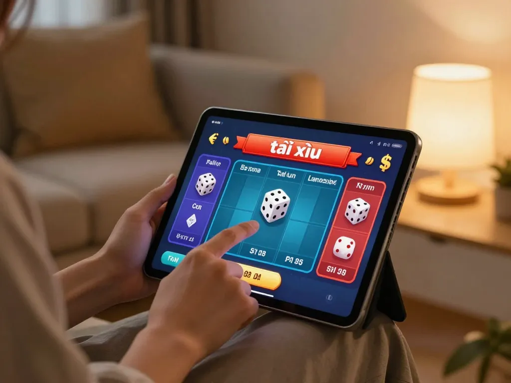 Engaging with the app tài xỉu online on a tablet in a cozy living room setting.