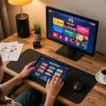 P3 casino online gaming setup with a player engaged in live dealer games on a tablet in a cozy environment.