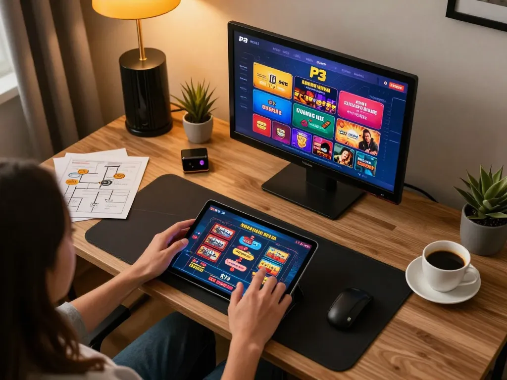 P3 casino online gaming setup with a player engaged in live dealer games on a tablet in a cozy environment.