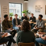 Men club gathering at a coffee shop discussing mental health, fostering connection and support.