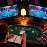 F168 player strategically analyzing poker strategies on multiple screens with engaging game visuals.