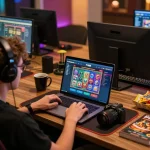Engaging in online gaming on F168 trang chính thức with vibrant slot games displayed on the laptop