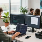 Software developer focused on coding in a modern workspace showcasing Go99 technology