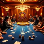 Excited players enjoying blackjack at MM88 COM casino, vibrant atmosphere with roulette table.