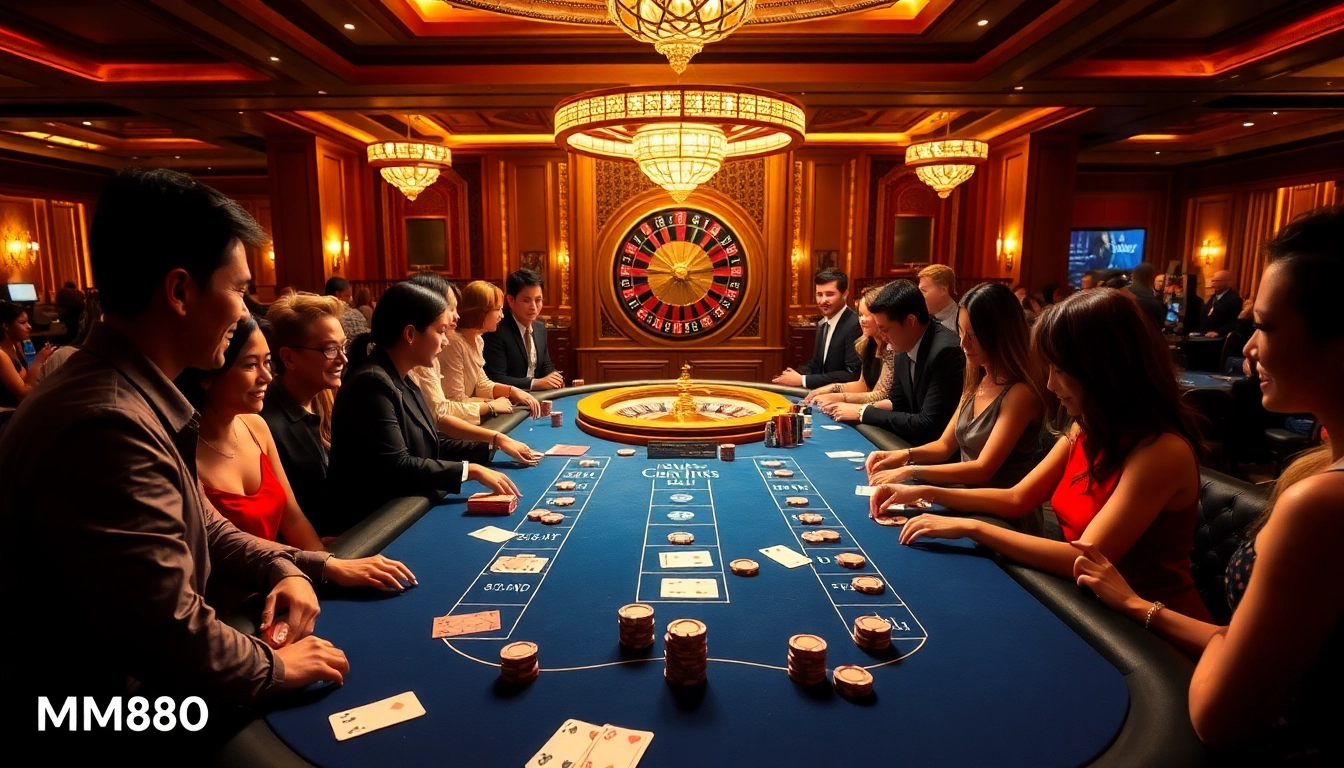 Excited players enjoying blackjack at MM88 COM casino, vibrant atmosphere with roulette table.