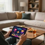 Engaging in online gaming at https://11win.plus/ with a tablet in a cozy home setup.