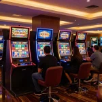 Players enjoying exciting slot games at F8BET, featuring colorful machines and warm lighting.