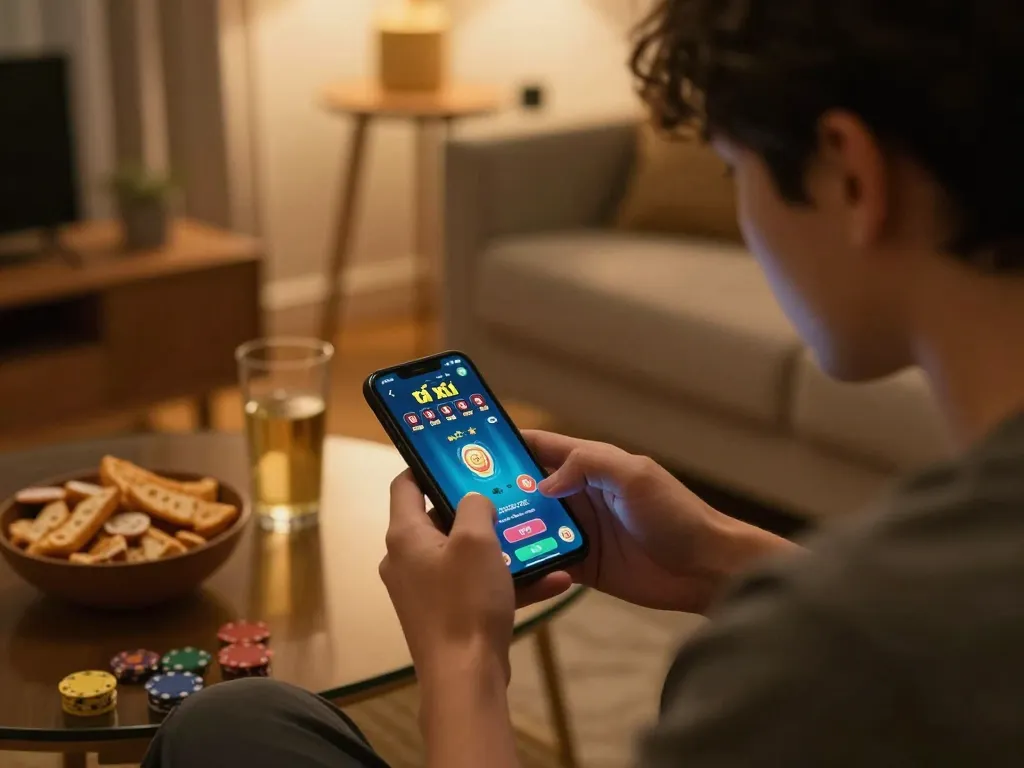 Player strategically placing bets on tài xỉu in a cozy home environment, highlighting responsible gambling