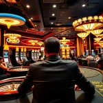 THABET casino scene featuring poker players and stylish slot machines in a vibrant, warm atmosphere.