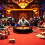 SHBET players engaging in a vibrant casino atmosphere with tables and slot machines.