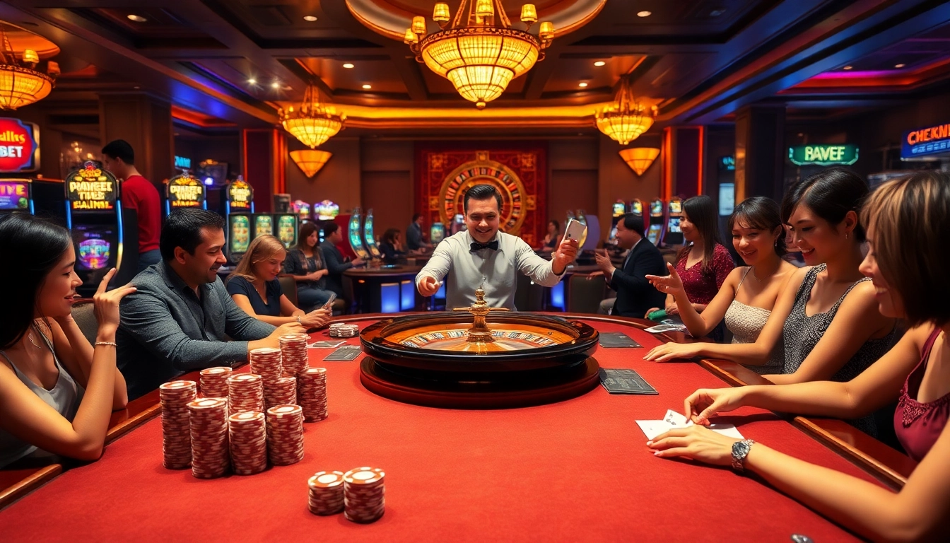 SHBET players engaging in a vibrant casino atmosphere with tables and slot machines.