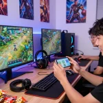 Excited gamers tải sun win app in a modern gaming room
