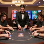 Intense poker gameplay at Oxbet casino with players focused on their cards and colorful chips