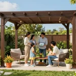 Family discussing pergola configurator options in a sunny outdoor garden.
