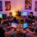 Players enjoying hentai games in a cozy living room with anime decor and snacks.