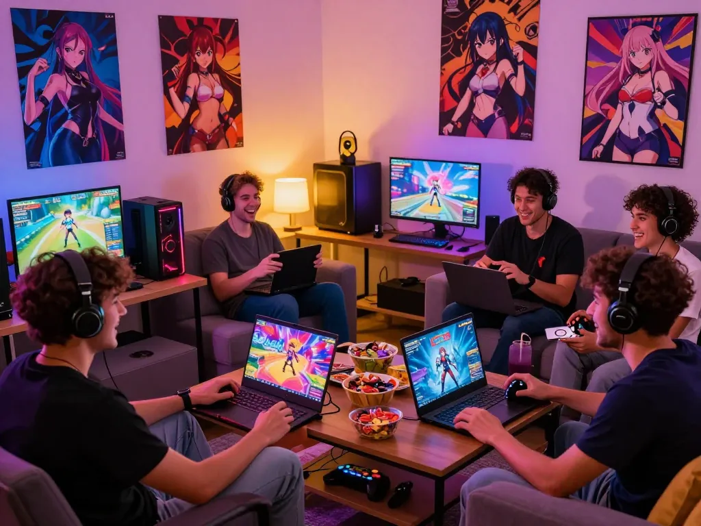 Players enjoying hentai games in a cozy living room with anime decor and snacks.