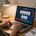 Engaged player at home enjoying live blackjack on https://da88.navy/ with warm ambiance and strategy notes.