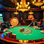 Experience thrilling gameplay at a luxurious casino featuring nohu-themed poker tables and vibrant slot machines.