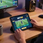 Engaging in sports betting on the NET88 platform using a tablet in a cozy home gaming setup.