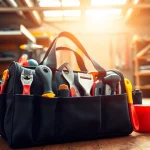 Borsa porta attrezzi professionale che mostra attrezzi organizzati in un luminoso laboratorio.