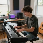 Youthful musician playing the go 88 piano in a vibrant home studio, surrounded by music sheets and creative elements.