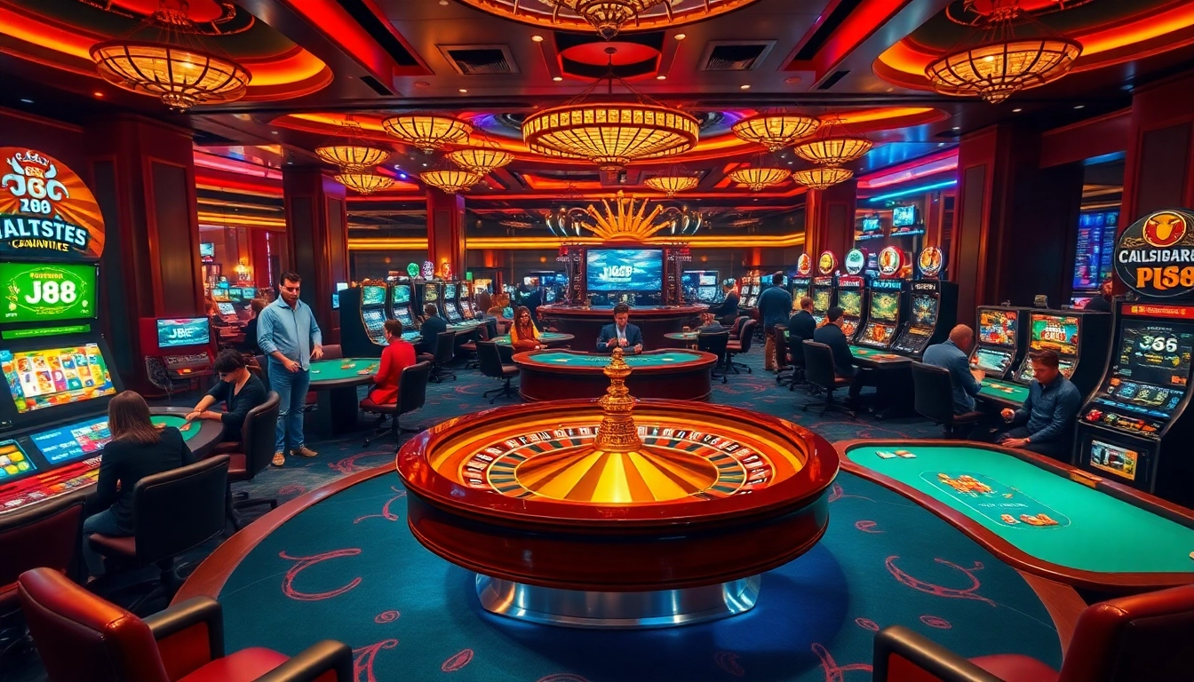 Experience thrilling gameplay at J88, showcasing vibrant casino tables and electrifying slot machines.