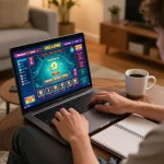 Person engaged in a HELLO88 online gaming session on a laptop, illustrating responsible gaming practices