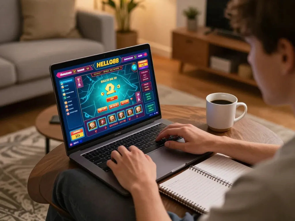 Person engaged in a HELLO88 online gaming session on a laptop, illustrating responsible gaming practices