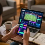 Engaging online sports betting experience using lc88 app on smartphone in cozy setting.