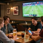 Friends at a stylish sports bar placing go8 bets while watching a live Bundesliga match.