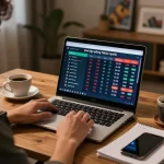Engaging in kèo bóng đá trực tuyến betting, a sports betting enthusiast analyzes live odds at home.