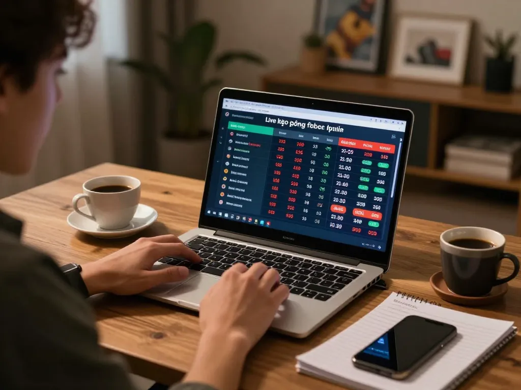 Engaging in kèo bóng đá trực tuyến betting, a sports betting enthusiast analyzes live odds at home.
