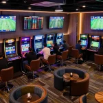 Sports betting enthusiasts analyzing odds for soi keo nha cai at a lively lounge with multiple screens.