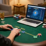 Player enjoying an online poker game at home with LUCK8 on their laptop, highlighting strategic gameplay.