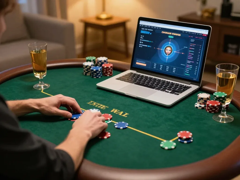 Player enjoying an online poker game at home with LUCK8 on their laptop, highlighting strategic gameplay.